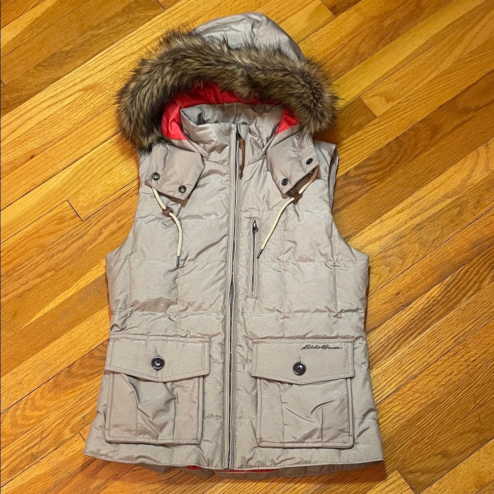 ⭐️NWOT Down Filled EDDIE BAUER Puffer Vest with Faux Fur Trim & Removable Hood